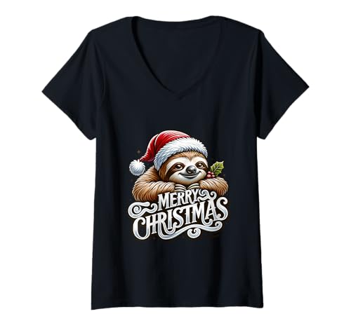 Damen Witzig Merry Christmas Faultier Weihnachtsfeier T-Shirt mit V-Ausschnitt Damen Witzig Merry Christmas Faultier Weihnachtsfeier T-Shirt mit V-Ausschnitt von Weihnachtsfaultier Weihnachtsmütze Weihnachtsshirt