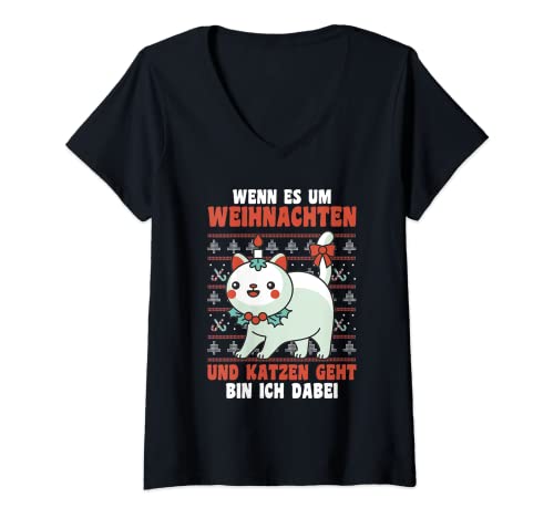 Damen Weihnachtsmann Katzen Katze Weihnachten T-Shirt mit V-Ausschnitt Damen Weihnachtsmann Katzen Katze Weihnachten T-Shirt mit V-Ausschnitt von Weihnachtsfest Weihnachten Geschenk