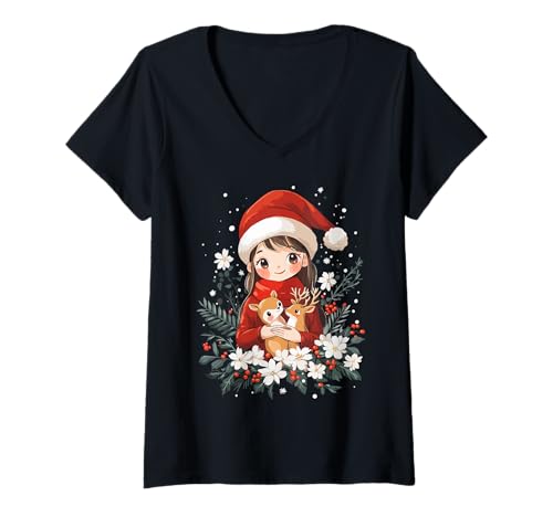 Damen Weihnachten Frauen Rentier Blume Deko Mädchen Weihnachtsfrau T-Shirt mit V-Ausschnitt Damen Weihnachten Frauen Rentier Blume Deko Mädchen Weihnachtsfrau T-Shirt mit V-Ausschnitt von Weihnachtsfrau Rentier Damen Girl Weihnachten Deko