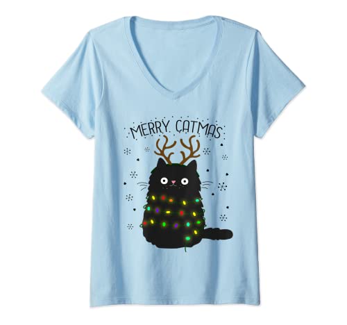 Damen Merry Catmas Geschenkidee Rentier Katze Motiv zu Weihnachten T-Shirt mit V-Ausschnitt Damen Merry Catmas Geschenkidee Rentier Katze Motiv zu Weihnachten T-Shirt mit V-Ausschnitt von Weihnachtsgeschenk Katzen Geschenk Katzenliebhaber