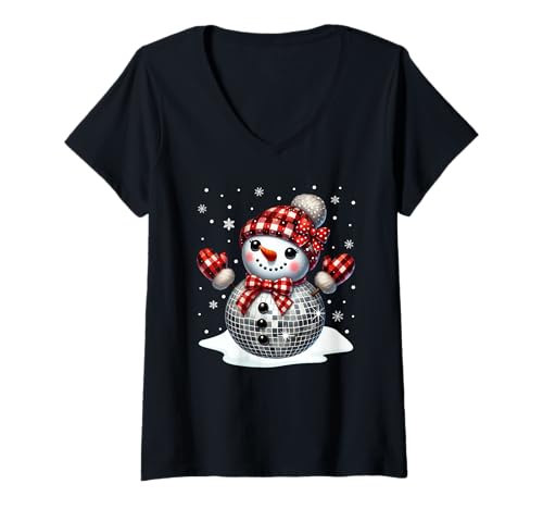 Damen Cooles Weihnachtsoutfit Party Outfit Schneeman Discokugel T-Shirt mit V-Ausschnitt von Weihnachtsgeschenke & Weihnachtspullover