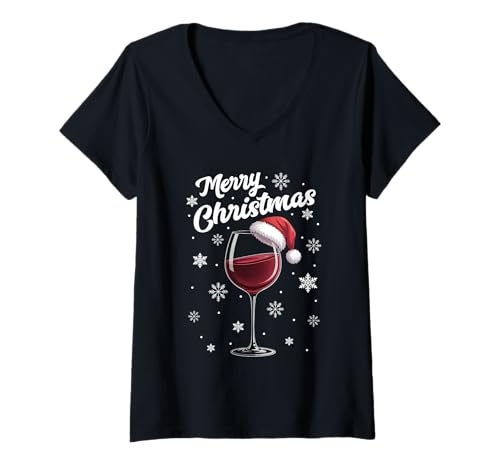 Damen Weihnachtsfeier Outfit Weihnachtspullover Damen Weinglas T-Shirt mit V-Ausschnitt von Weihnachtsgeschenke & Weihnachtspullover