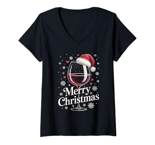 Damen Weihnachtsfeier Outfit Weihnachtspullover Damen Weinglas T-Shirt mit V-Ausschnitt von Weihnachtsgeschenke & Weihnachtspullover