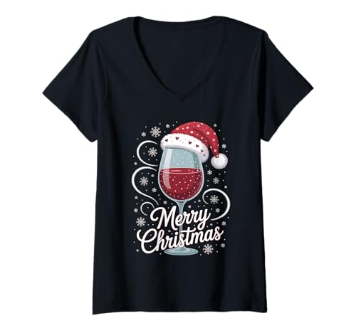 Damen Weihnachtsfeier Outfit Weihnachtspullover Damen Weinglas T-Shirt mit V-Ausschnitt von Weihnachtsgeschenke & Weihnachtspullover