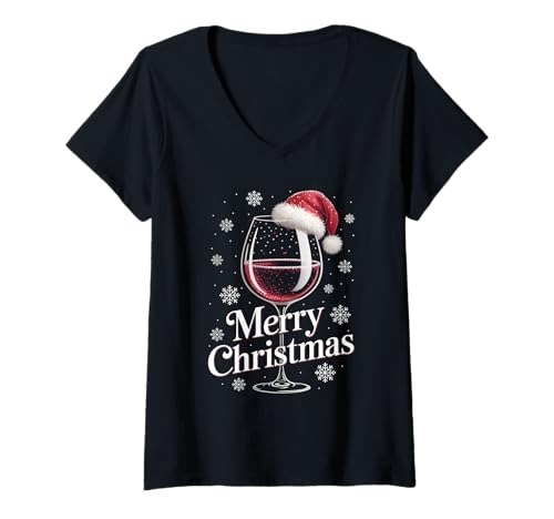 Damen Weihnachtsfeier Outfit Weihnachtspullover Damen Weinglas T-Shirt mit V-Ausschnitt von Weihnachtsgeschenke & Weihnachtspullover
