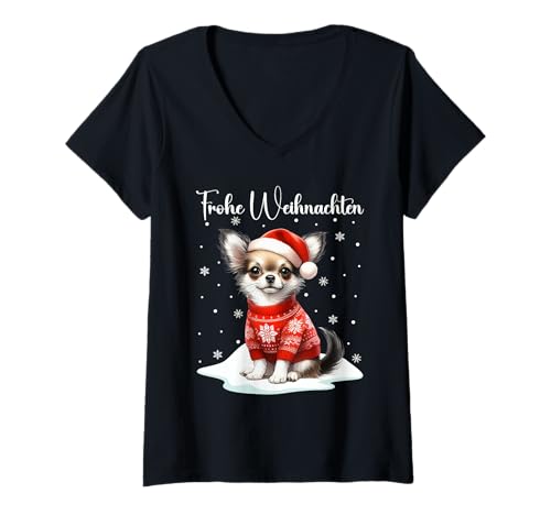 Damen Weihnachtsoutfit Chihuahua Weihnachts Pyjama Chihuahua T-Shirt mit V-Ausschnitt von Weihnachtsgeschenke & Weihnachtspullover