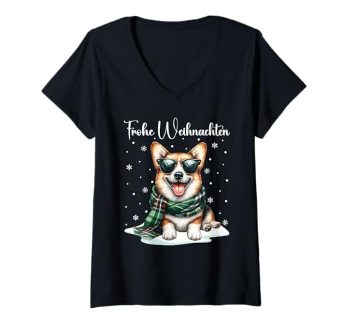 Damen Weihnachtsoutfit Corgi Hund Weihnachts Pyjama Corgi Hund T-Shirt mit V-Ausschnitt von Weihnachtsgeschenke & Weihnachtspullover