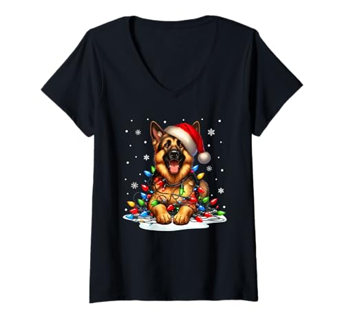 Damen Weihnachtsoutfit Deutscher Schäferhund Weihnachts Pyjama T-Shirt mit V-Ausschnitt Damen Weihnachtsoutfit Deutscher Schäferhund Weihnachts Pyjama T-Shirt mit V-Ausschnitt von Weihnachtsgeschenke & Weihnachtspullover