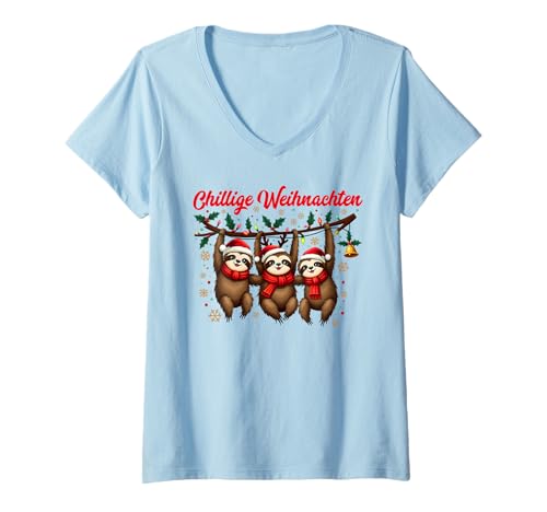 Damen Weihnachtsoutfit Faultiere Weihnachts Pyjama Faultier T-Shirt mit V-Ausschnitt von Weihnachtsgeschenke & Weihnachtspullover