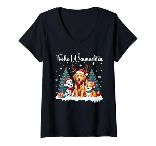 Damen Weihnachtsoutfit Frohe Waunachten Weihnachts Pyjama Hunde T-Shirt mit V-Ausschnitt von Weihnachtsgeschenke & Weihnachtspullover