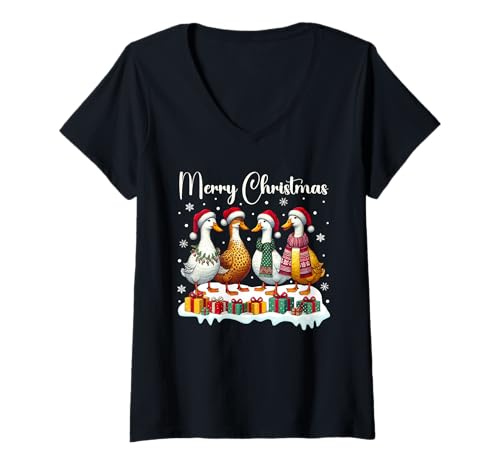 Damen Weihnachtsoutfit Gänse Gans Ente Weihnachts Pyjama Enten T-Shirt mit V-Ausschnitt von Weihnachtsgeschenke & Weihnachtspullover