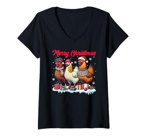 Damen Weihnachtsoutfit Hühner Hahn Hennen Weihnachts Pyjama Huhn T-Shirt mit V-Ausschnitt von Weihnachtsgeschenke & Weihnachtspullover