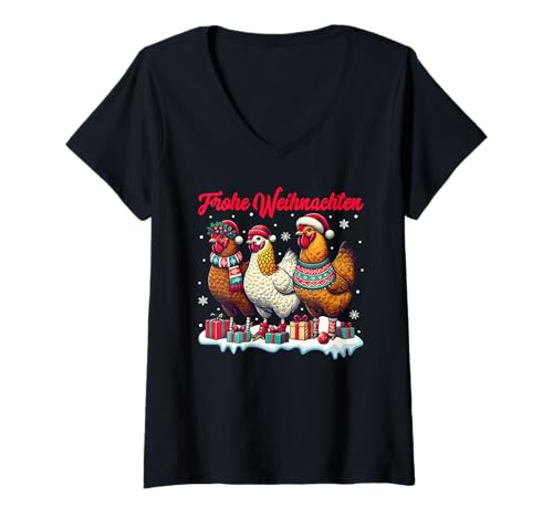 Damen Weihnachtsoutfit Hühner Hahn Hennen Weihnachts Pyjama Huhn T-Shirt mit V-Ausschnitt von Weihnachtsgeschenke & Weihnachtspullover
