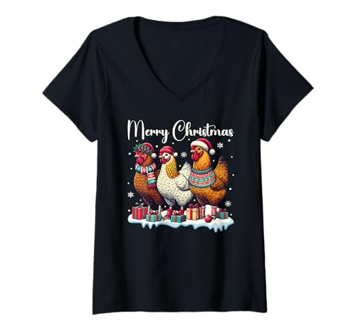 Damen Weihnachtsoutfit Hühner Hahn Hennen Weihnachts Pyjama Huhn T-Shirt mit V-Ausschnitt von Weihnachtsgeschenke & Weihnachtspullover