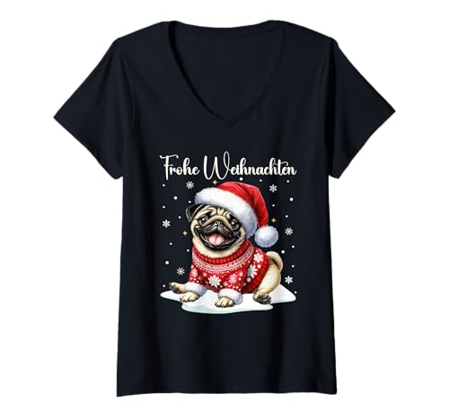 Damen Weihnachtsoutfit Mops Hund Weihnachts Pyjama Lustiger Mops T-Shirt mit V-Ausschnitt von Weihnachtsgeschenke & Weihnachtspullover