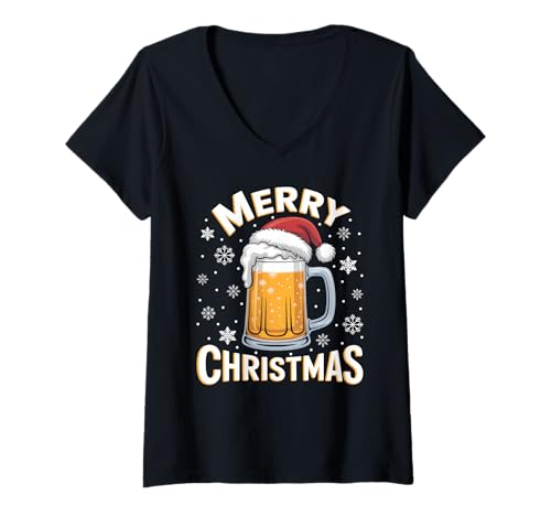 Damen Weihnachtsoutfit Weihnachtspullover Damen Herren Bierglas T-Shirt mit V-Ausschnitt von Weihnachtsgeschenke & Weihnachtspullover