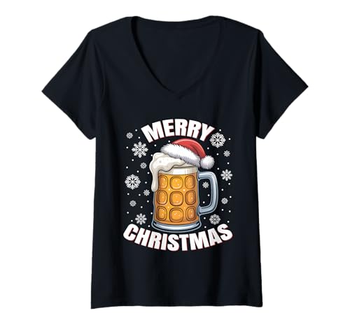 Damen Weihnachtsoutfit Weihnachtspullover Damen Herren Bierglas T-Shirt mit V-Ausschnitt von Weihnachtsgeschenke & Weihnachtspullover