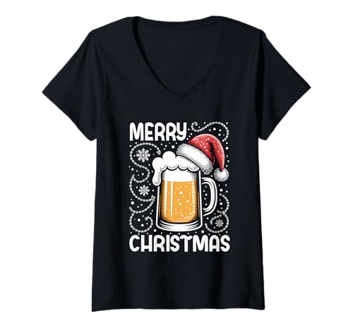 Damen Weihnachtsoutfit Weihnachtspullover Damen Herren Bierglas T-Shirt mit V-Ausschnitt von Weihnachtsgeschenke & Weihnachtspullover
