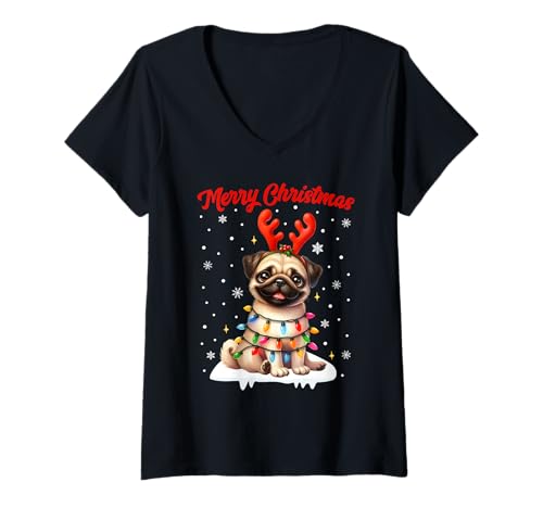 Damen Weihnachtsoutfit Weihnachtspullover Niedlicher Mops Hund T-Shirt mit V-Ausschnitt von Weihnachtsgeschenke & Weihnachtspullover