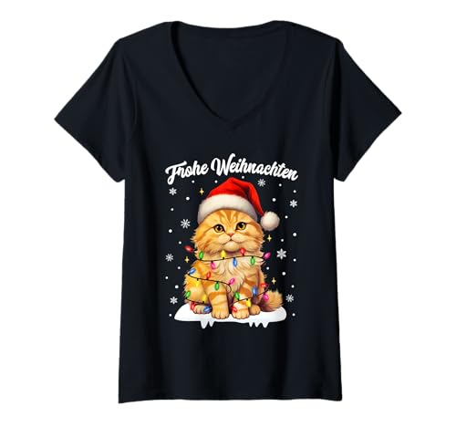 Damen Weihnachtsoutfit Weihnachtspullover Weihnachtsdeko Katze T-Shirt mit V-Ausschnitt von Weihnachtsgeschenke & Weihnachtspullover