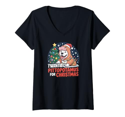 Damen Frohe Pitmas Pittopotamus Weihnachten T-Shirt mit V-Ausschnitt Damen Frohe Pitmas Pittopotamus Weihnachten T-Shirt mit V-Ausschnitt von Weihnachtshütte schenken Boutiquen