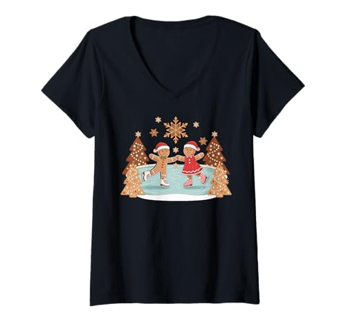 Damen Lebkuchenpaar skaten süßes Weihnachtsfest T-Shirt mit V-Ausschnitt Damen Lebkuchenpaar skaten süßes Weihnachtsfest T-Shirt mit V-Ausschnitt von Weihnachtshütte schenken Boutiquen