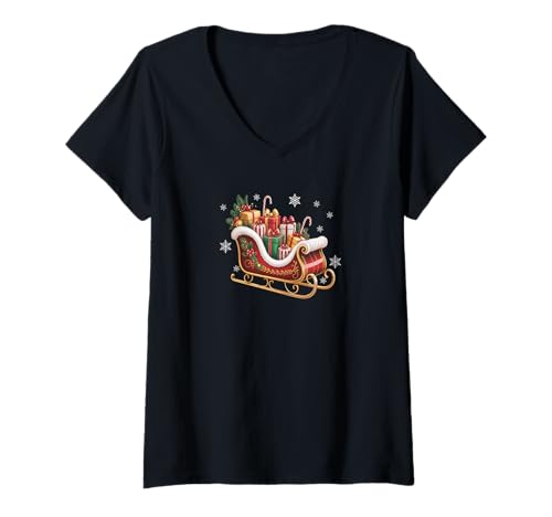 Damen Weihnachtsschlittenplaids und Schneeflocken T-Shirt mit V-Ausschnitt Damen Weihnachtsschlittenplaids und Schneeflocken T-Shirt mit V-Ausschnitt von Weihnachtshütte schenken Boutiquen