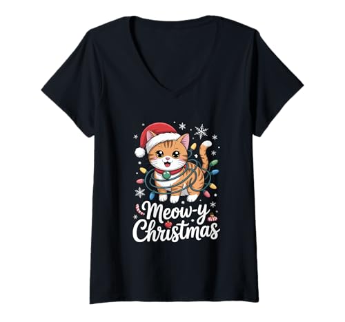 Damen Meow Y Christmas Lustige Weihnachtskatze Mit Lichterkette T-Shirt mit V-Ausschnitt von Weihnachtskatze Katze Weihnachten Lichterkette