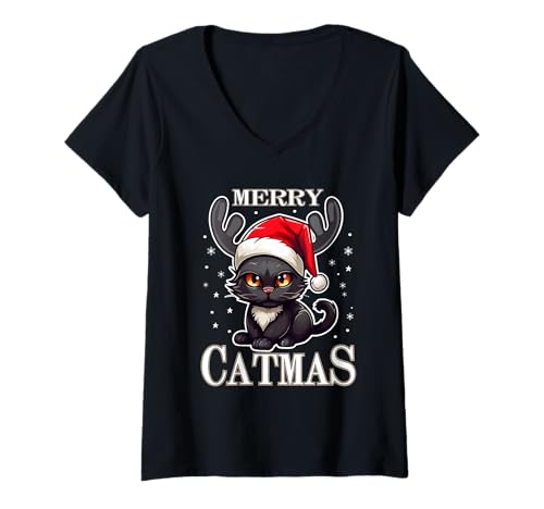 Damen Merry Catmas Katze Weihnachtsmütze Weihnachts T-Shirt mit V-Ausschnitt Damen Merry Catmas Katze Weihnachtsmütze Weihnachts T-Shirt mit V-Ausschnitt von Weihnachtskatze Weihnachtsshirt Xmas Cats
