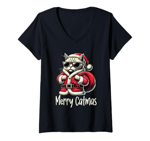 Damen Merry Catmas Katze Weihnachtsmütze Weihnachts T-Shirt mit V-Ausschnitt Damen Merry Catmas Katze Weihnachtsmütze Weihnachts T-Shirt mit V-Ausschnitt von Weihnachtskatze Weihnachtsshirt Xmas Cats