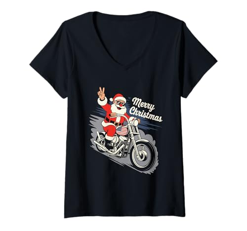 Damen Frohe Weihnachten, Weihnachtsmann auf dem Motorrad, T-Shirt mit V-Ausschnitt Damen Frohe Weihnachten, Weihnachtsmann auf dem Motorrad, T-Shirt mit V-Ausschnitt von Weihnachtsmann-Motorradfahrer-Weihnachts-T-Shirt