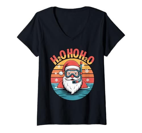 Damen H2H2O Weihnachtsmann Tauchen Humor T-Shirt mit V-Ausschnitt Damen H2H2O Weihnachtsmann Tauchen Humor T-Shirt mit V-Ausschnitt von Weihnachtsmann Tauchen Retro Spaß