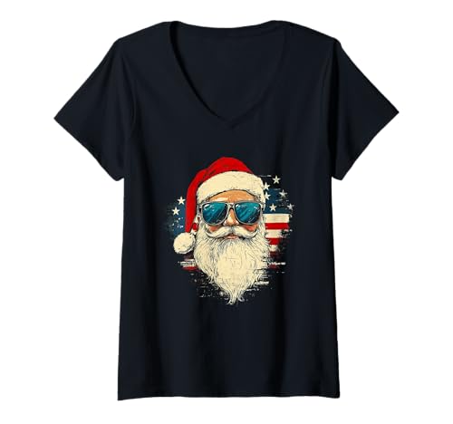Damen Nikolaus Santa Silhouette Weihnachtsmann mit Sonnenbrille T-Shirt mit V-Ausschnitt Damen Nikolaus Santa Silhouette Weihnachtsmann mit Sonnenbrille T-Shirt mit V-Ausschnitt von Weihnachtsmann mit Weihnachtsmütze & Sonnenbrille