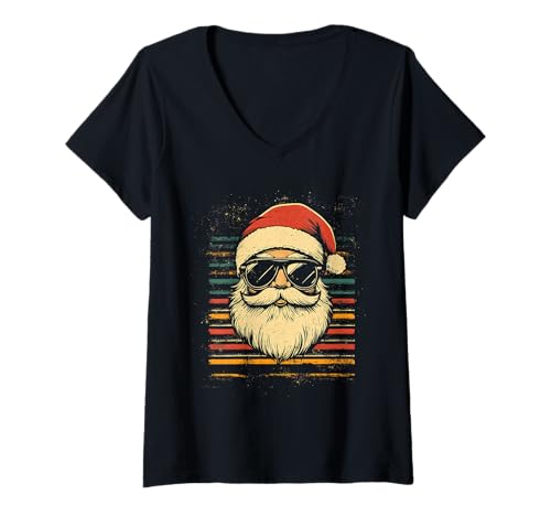 Damen Nikolaus Santa Silhouette Weihnachtsmann mit Sonnenbrille T-Shirt mit V-Ausschnitt von Weihnachtsmann mit Weihnachtsmütze & Sonnenbrille
