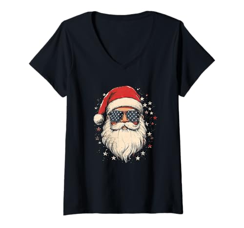 Damen Nikolaus Santa Silhouette Weihnachtsmann mit Sonnenbrille T-Shirt mit V-Ausschnitt von Weihnachtsmann mit Weihnachtsmütze & Sonnenbrille