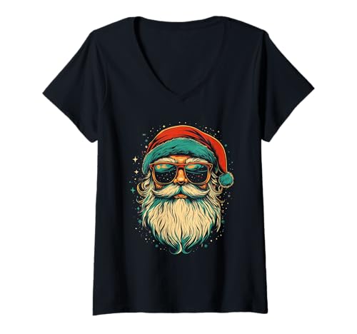 Damen Nikolaus Santa Silhouette Weihnachtsmann mit Sonnenbrille T-Shirt mit V-Ausschnitt von Weihnachtsmann mit Weihnachtsmütze & Sonnenbrille