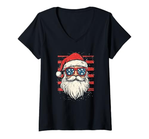 Damen Nikolaus Santa Silhouette Weihnachtsmann mit Sonnenbrille T-Shirt mit V-Ausschnitt von Weihnachtsmann mit Weihnachtsmütze & Sonnenbrille