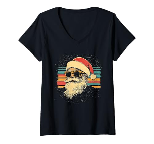 Damen Nikolaus Santa Silhouette Weihnachtsmann mit Sonnenbrille T-Shirt mit V-Ausschnitt von Weihnachtsmann mit Weihnachtsmütze & Sonnenbrille