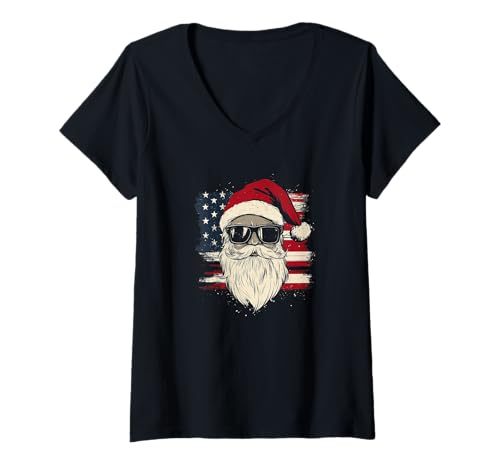 Damen Nikolaus Santa Silhouette Weihnachtsmann mit Sonnenbrille T-Shirt mit V-Ausschnitt von Weihnachtsmann mit Weihnachtsmütze & Sonnenbrille