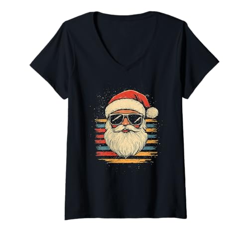 Damen Nikolaus Santa Silhouette Weihnachtsmann mit Sonnenbrille T-Shirt mit V-Ausschnitt von Weihnachtsmann mit Weihnachtsmütze & Sonnenbrille
