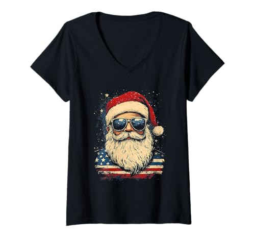 Damen Nikolaus Santa Silhouette Weihnachtsmann mit Sonnenbrille T-Shirt mit V-Ausschnitt von Weihnachtsmann mit Weihnachtsmütze & Sonnenbrille