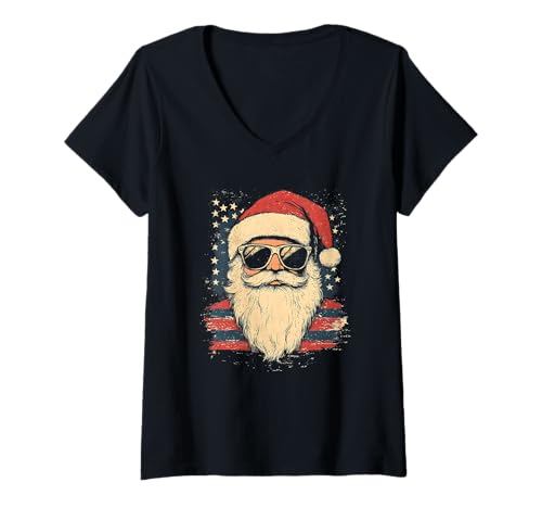 Damen Nikolaus Santa Silhouette Weihnachtsmann mit Sonnenbrille T-Shirt mit V-Ausschnitt Damen Nikolaus Santa Silhouette Weihnachtsmann mit Sonnenbrille T-Shirt mit V-Ausschnitt von Weihnachtsmann mit Weihnachtsmütze & Sonnenbrille