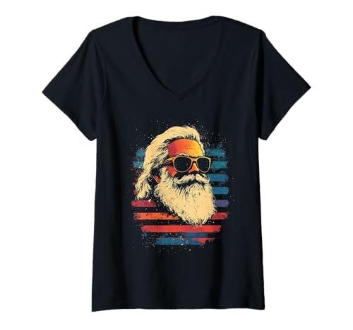 Damen Nikolaus Santa Silhouette Weihnachtsmann mit Sonnenbrille T-Shirt mit V-Ausschnitt von Weihnachtsmann mit Weihnachtsmütze & Sonnenbrille