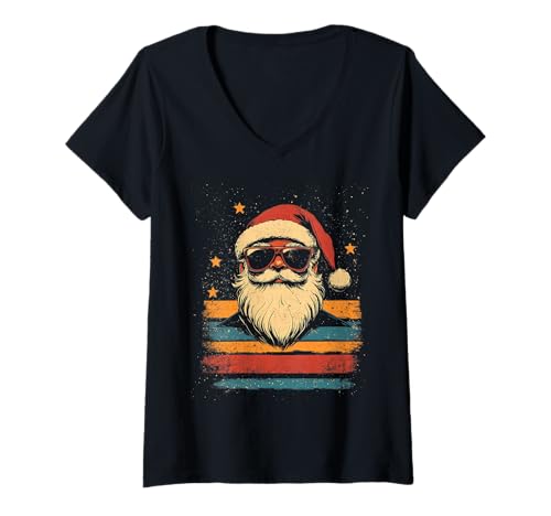 Damen Nikolaus Santa Silhouette Weihnachtsmann mit Sonnenbrille T-Shirt mit V-Ausschnitt von Weihnachtsmann mit Weihnachtsmütze & Sonnenbrille