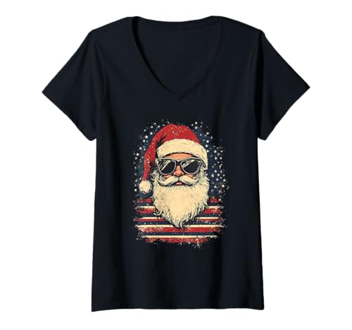 Damen Nikolaus Santa Silhouette Weihnachtsmann mit Sonnenbrille T-Shirt mit V-Ausschnitt von Weihnachtsmann mit Weihnachtsmütze & Sonnenbrille