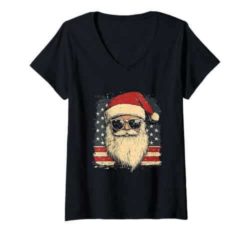 Damen Nikolaus Santa Silhouette Weihnachtsmann mit Sonnenbrille T-Shirt mit V-Ausschnitt Damen Nikolaus Santa Silhouette Weihnachtsmann mit Sonnenbrille T-Shirt mit V-Ausschnitt von Weihnachtsmann mit Weihnachtsmütze & Sonnenbrille