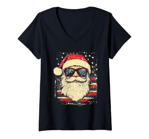 Damen Nikolaus Santa Silhouette Weihnachtsmann mit Sonnenbrille T-Shirt mit V-Ausschnitt von Weihnachtsmann mit Weihnachtsmütze & Sonnenbrille