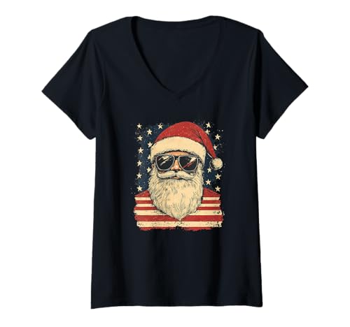Damen Nikolaus Santa Silhouette Weihnachtsmann mit Sonnenbrille T-Shirt mit V-Ausschnitt von Weihnachtsmann mit Weihnachtsmütze & Sonnenbrille