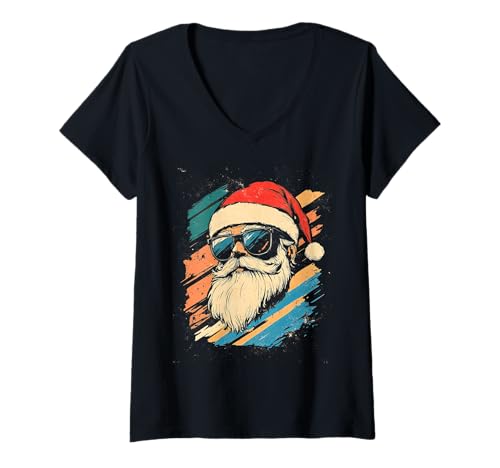 Damen Nikolaus Santa Silhouette Weihnachtsmann mit Sonnenbrille T-Shirt mit V-Ausschnitt von Weihnachtsmann mit Weihnachtsmütze & Sonnenbrille