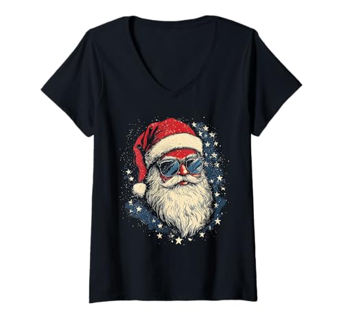 Damen Nikolaus Santa Silhouette Weihnachtsmann mit Sonnenbrille T-Shirt mit V-Ausschnitt Damen Nikolaus Santa Silhouette Weihnachtsmann mit Sonnenbrille T-Shirt mit V-Ausschnitt von Weihnachtsmann mit Weihnachtsmütze & Sonnenbrille